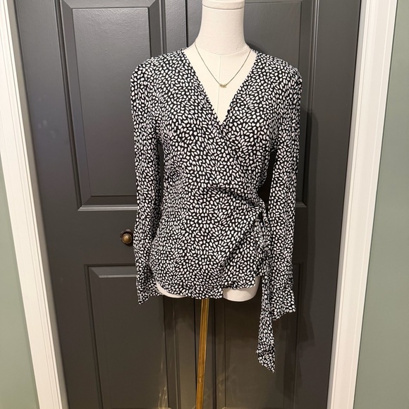 Talbots Tops - Talbots Black White Wrap Top Womens Small Long Sleeve V Neck